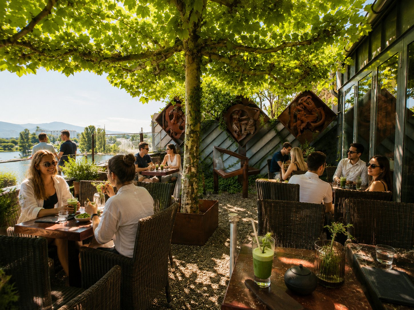 Terrasse des Café Galerie Étoile unter der Platane mit Rheinblick