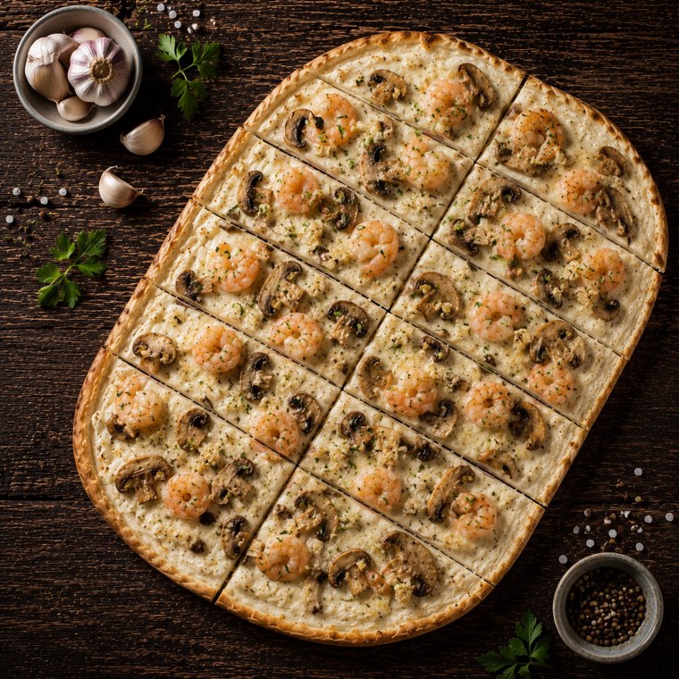 Flammkuchen mit Garnelen, Champignons und Knoblauch